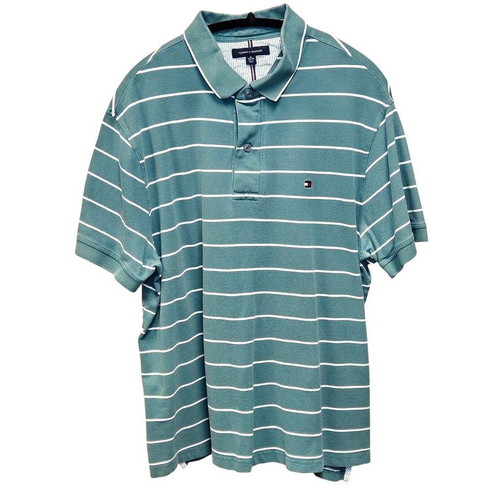 Tommy Hilfiger‎ Men's Polo Shirt XL TG/XG Green White Striped Golf Top